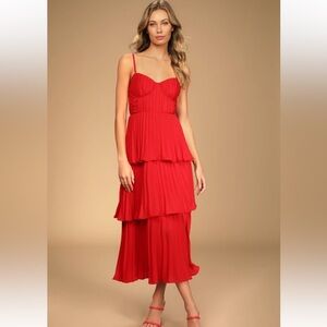 Cascading Crush Red Tiered Bustier Midi Dress